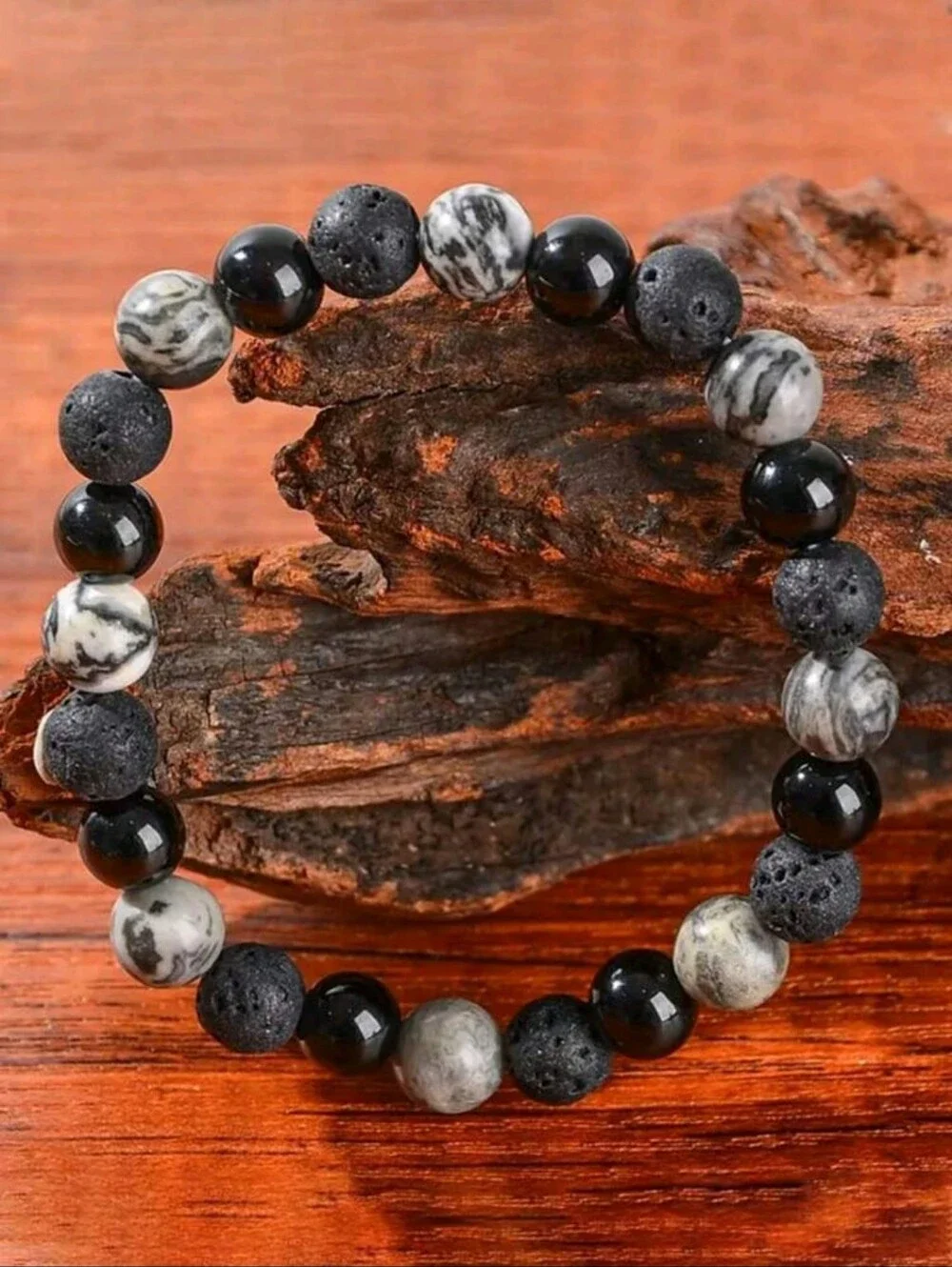 FP Healing Lava Beads Vintage Style Men's Natural Map Stone Beaded Bracelet,